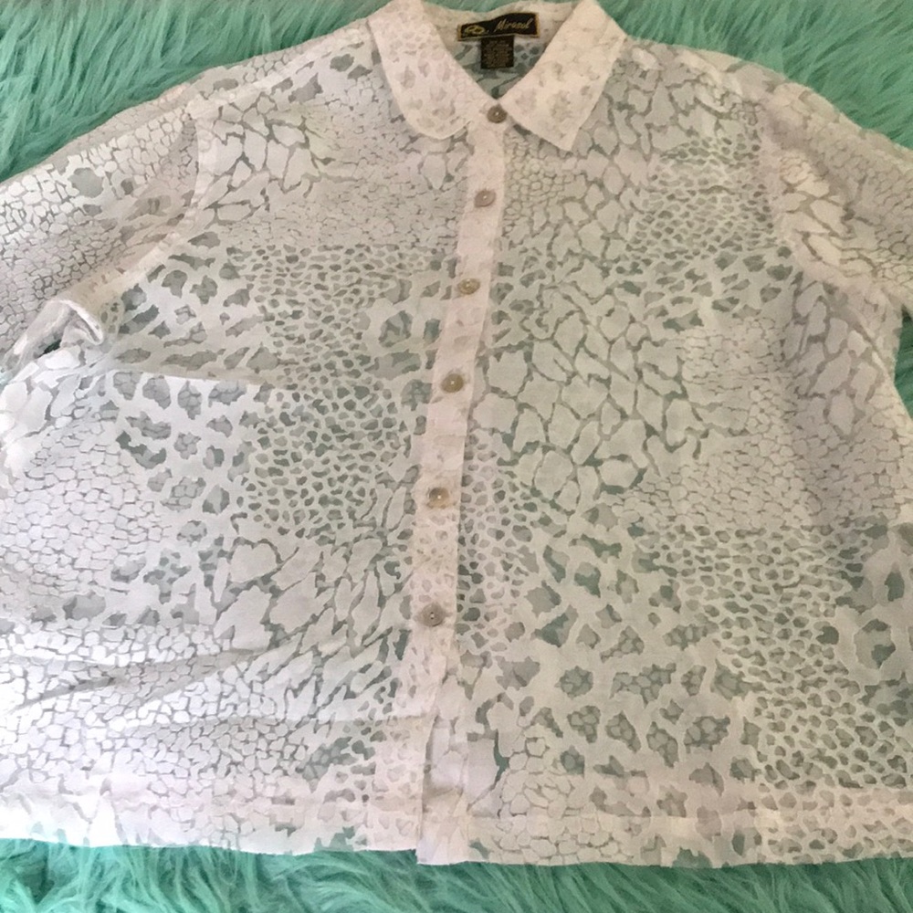 White Leopard Print Sheer Lace Button Front Shirt… - image 1